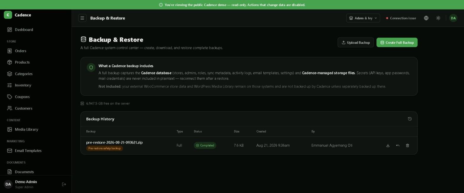 Cadence Backup and Restore page showing free disk space and a backup history entry marked as a completed pre-restore safety backup