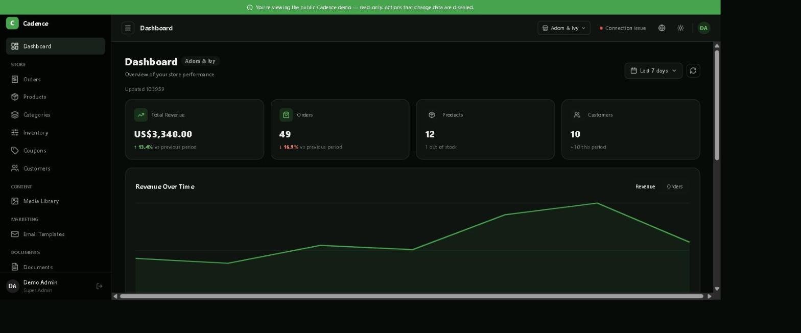 Cadence dashboard in dark mode showing total revenue, orders, products, customers and a revenue-over-time chart