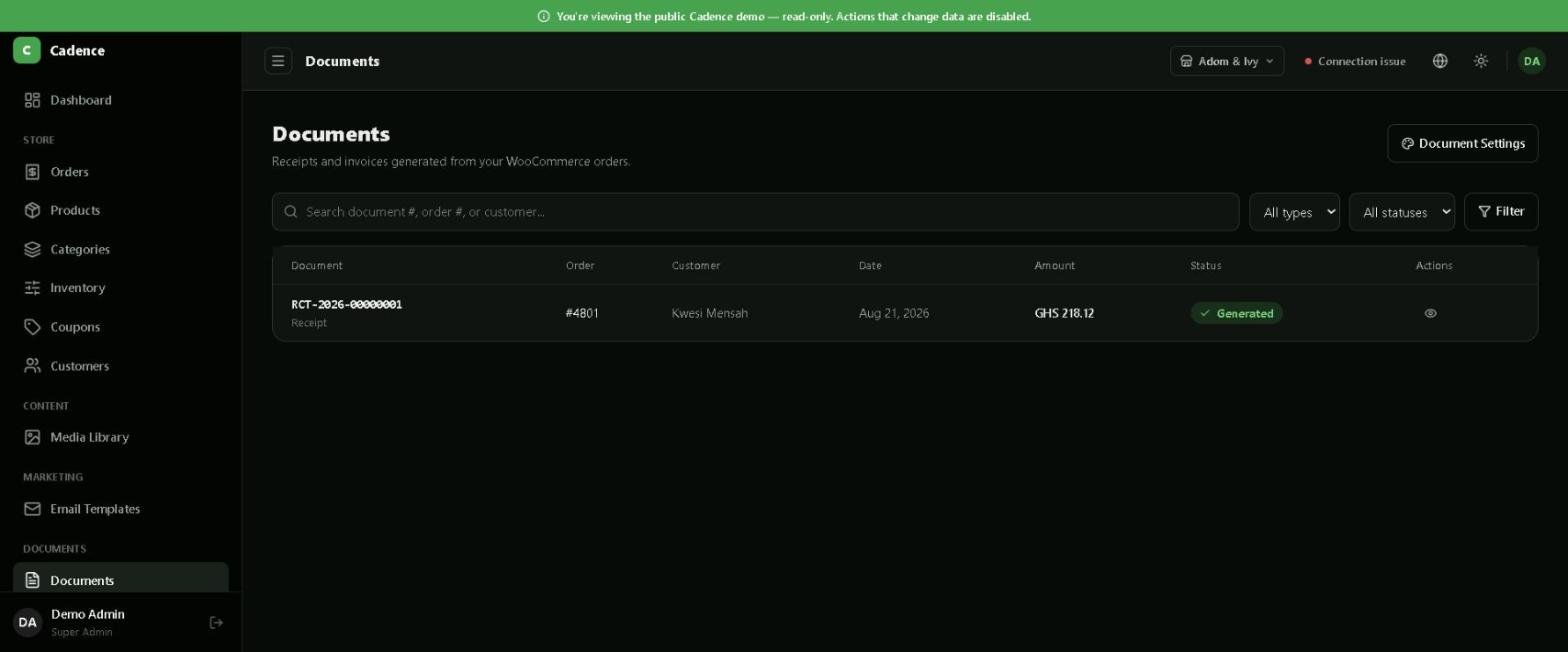 Cadence Documents page listing a generated receipt with document number, related order, customer, date, amount and status
