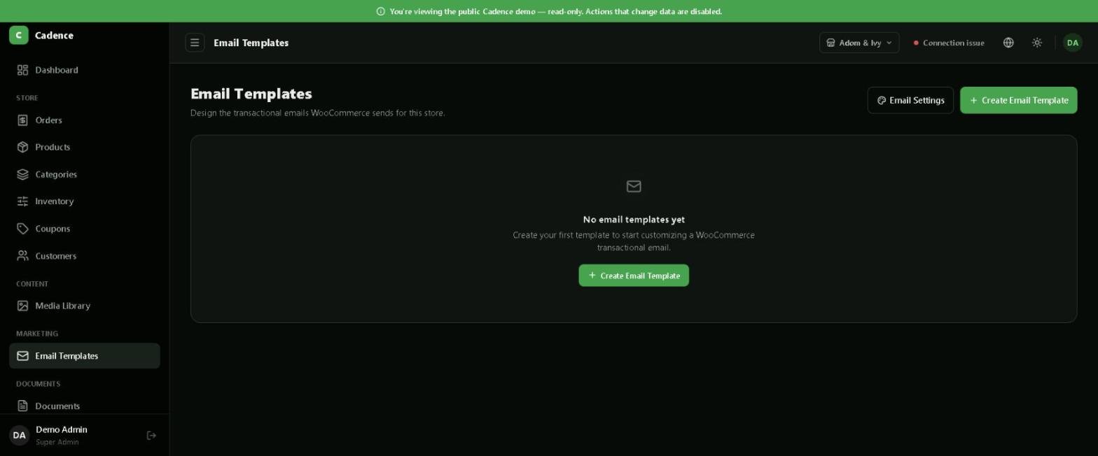 Cadence Email Templates page with an empty state inviting you to create your first transactional email template
