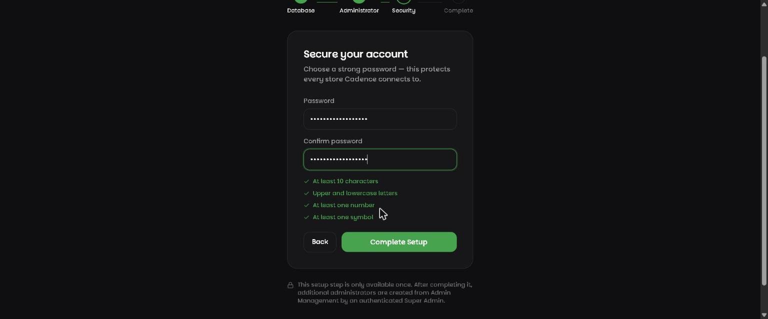 Cadence installer password step with a live checklist confirming length, upper and lowercase letters, a number and a symbol