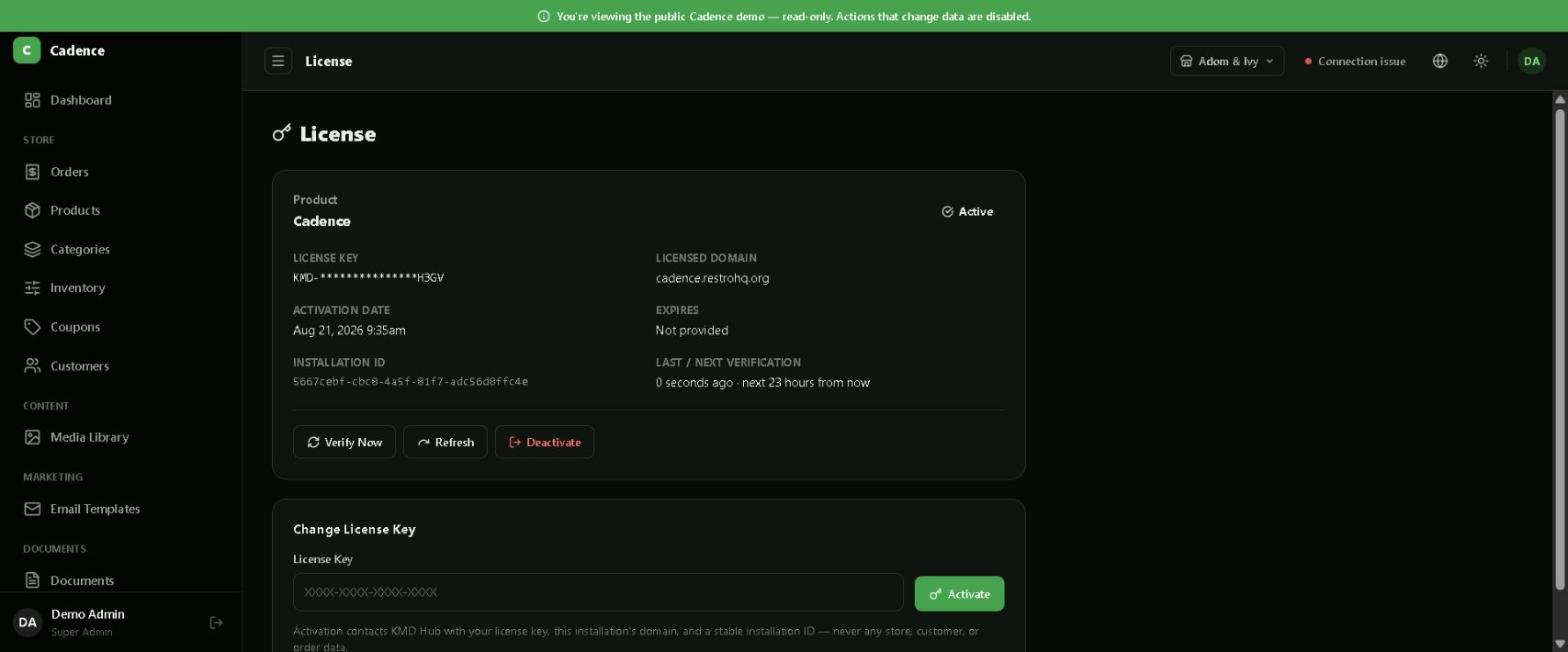 Cadence License page showing an Active license for the product Cadence, with masked license key, licensed domain, activation date, installation ID and last/next verification time