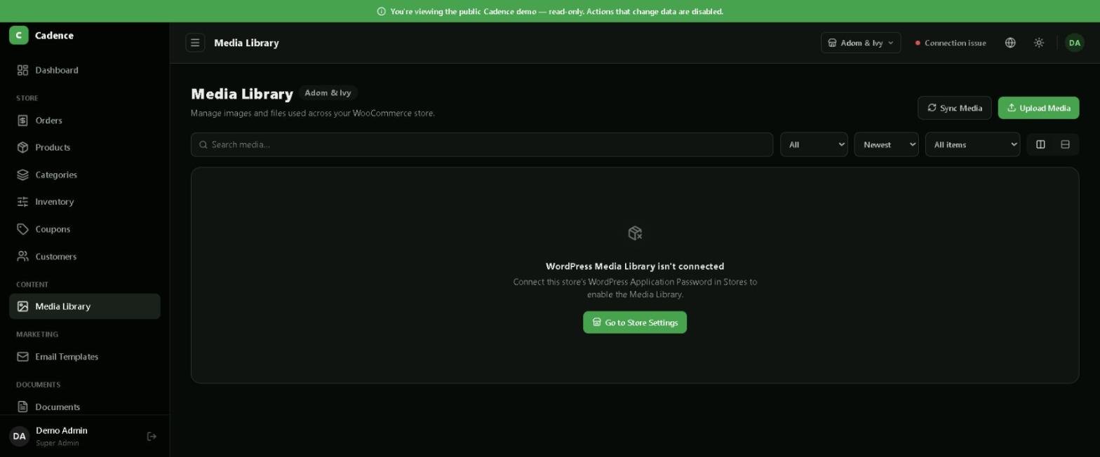Cadence Media Library page prompting to connect a WordPress Application Password before images can be shown