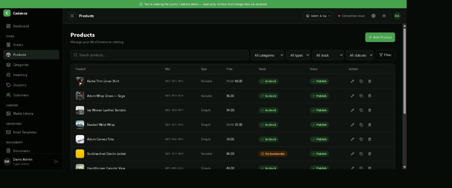 Cadence Products list with product thumbnails, SKUs, prices, stock status and publish status